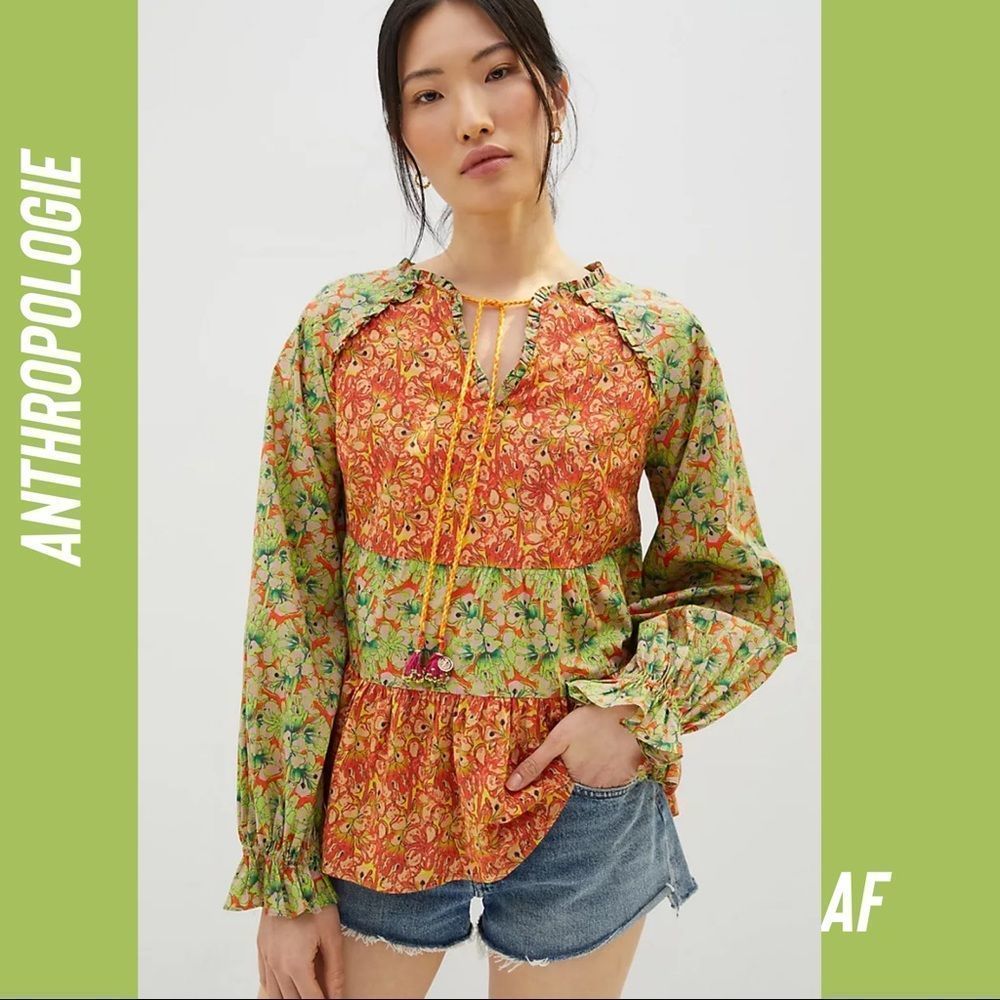 Anthropologie Mixed Floral Peasant Blouse in Green and Orange